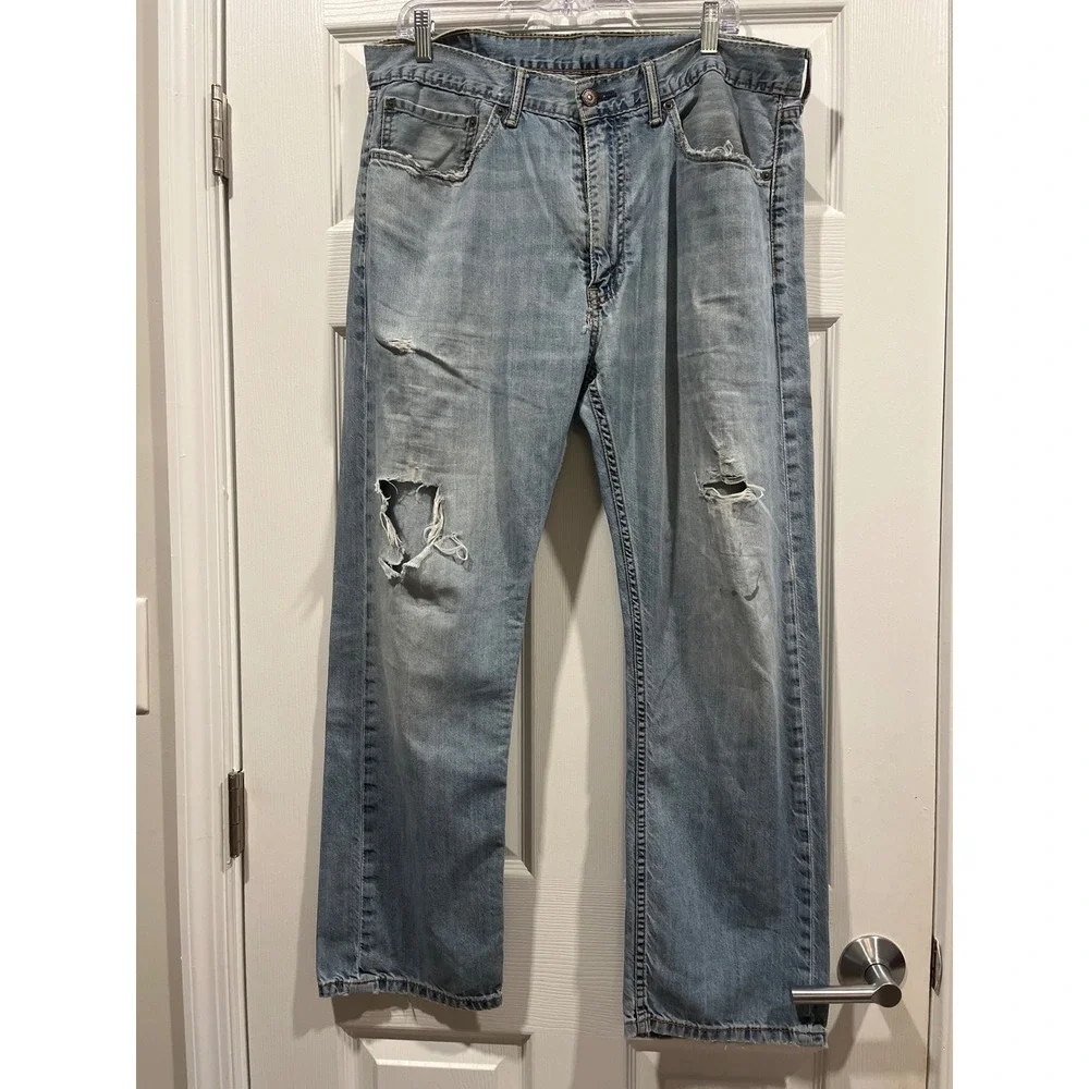 Levis 505 Regular Fit Straight Leg Distressed Jeans Light Wash Mens 36x29